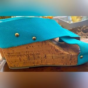Cork Slip On Wedge Sandals turquoise color .